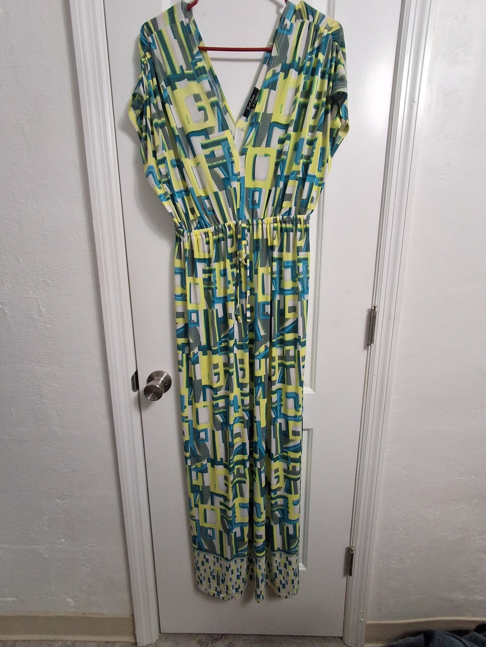 Geometric Print V-Neck Maxi Dress - Blue, Green & White